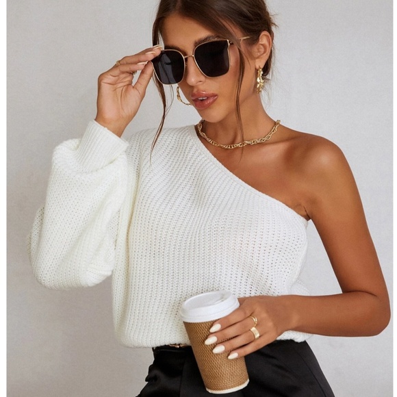 Rouge! Sweaters - Cable Knit White One Shoulder Lantern Long Sleeve Pullover Sweater